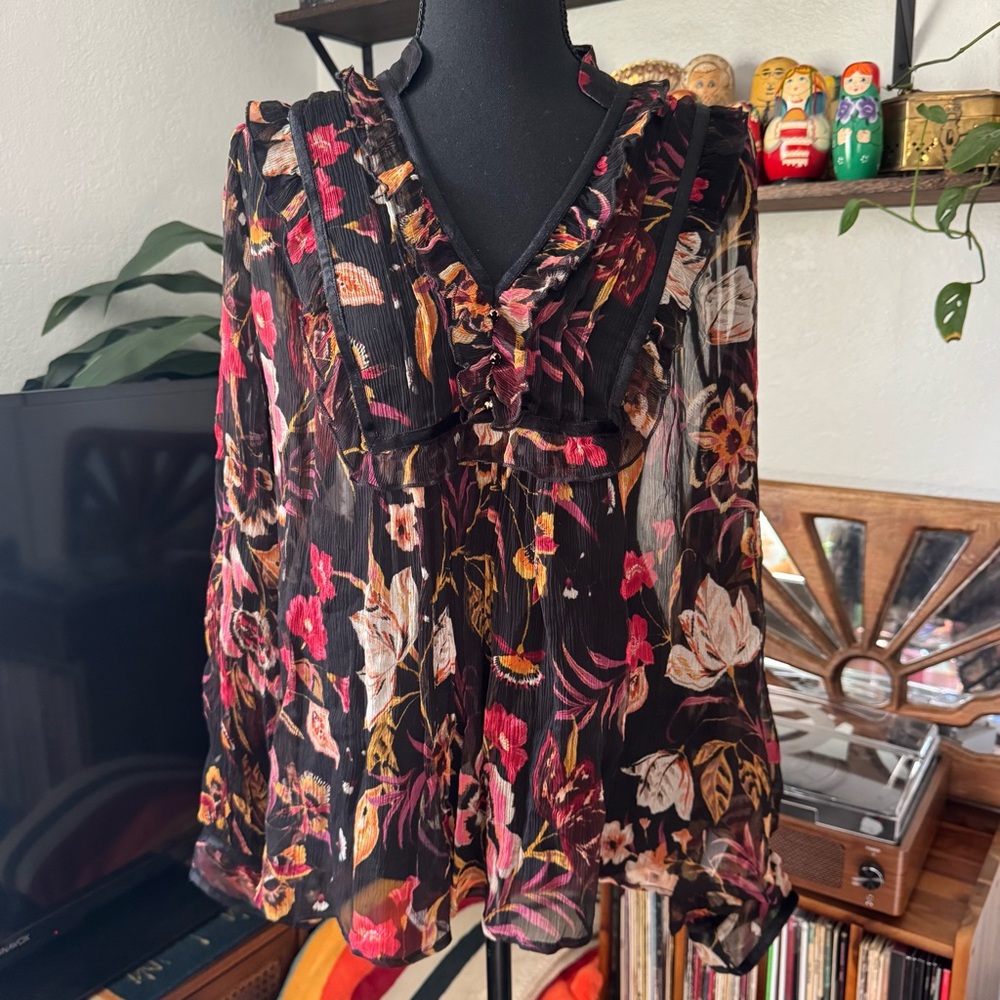 Johnny Was Jade Sheer Floral Peasant Top